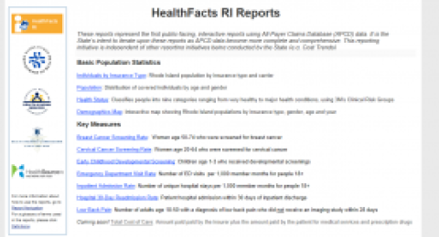 HealthFacts RI Interactive Reports webpage screenshot