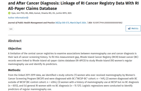  Research Reports Rhode Island (RI) Women's Breast Cancer Mammography Use Prior to and After Cancer Diagnosis: Linkage of RI Cancer Registry Data With RI All-Payer Claims Database