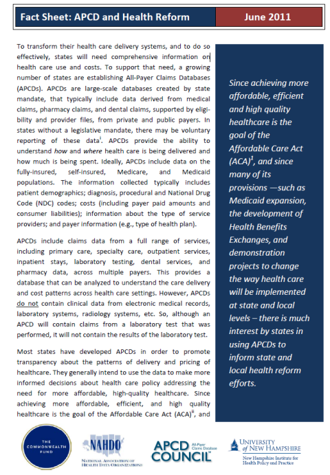 Fact Sheet: APCD and Health Reform report